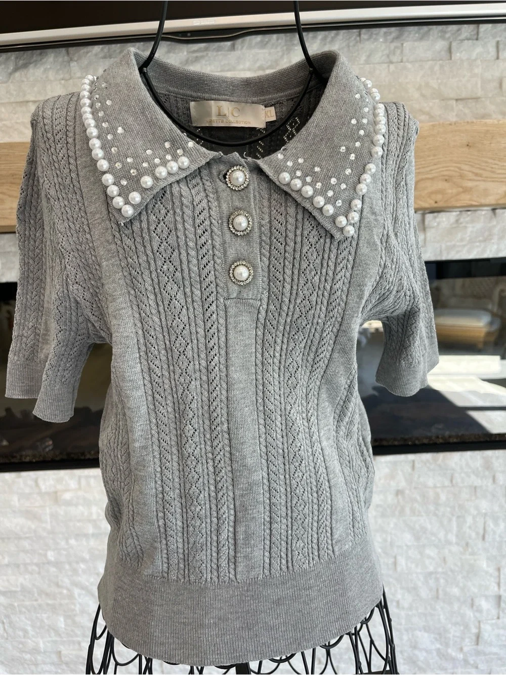 Grey Pearl-Rhinestone Embellished Knit Sweater - Picture 4 of 5